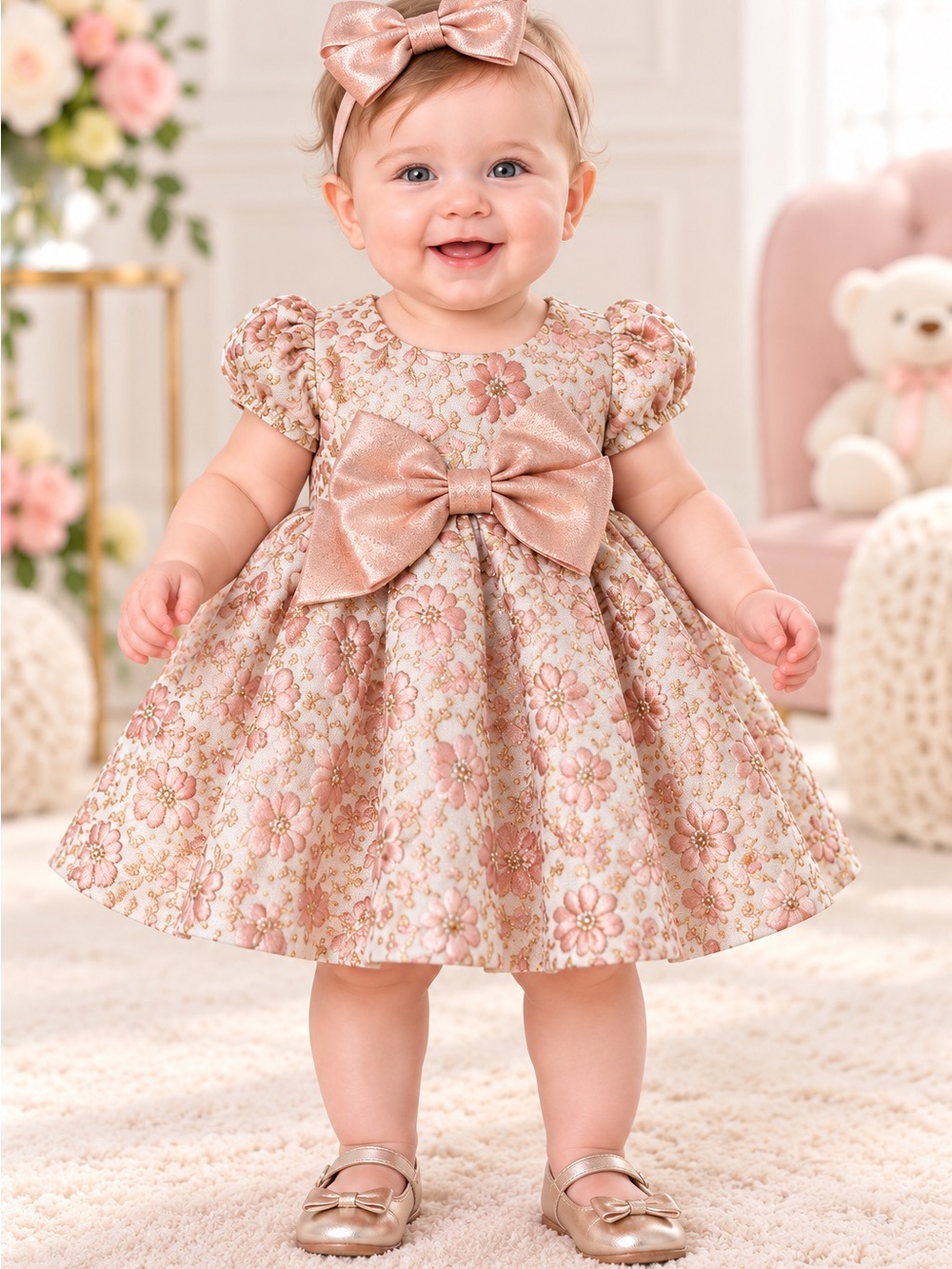 Bonnie Baby 6-9M Blush Gold Floral Jacquard Bow Party Dress